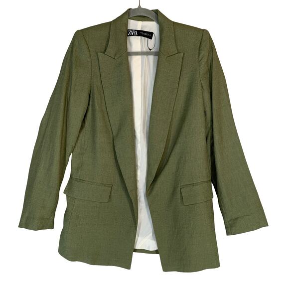 ZARA Linen Blend Blazer Women’s Size XS Olive Green Lightweight Workwear - Picture 1 of 9